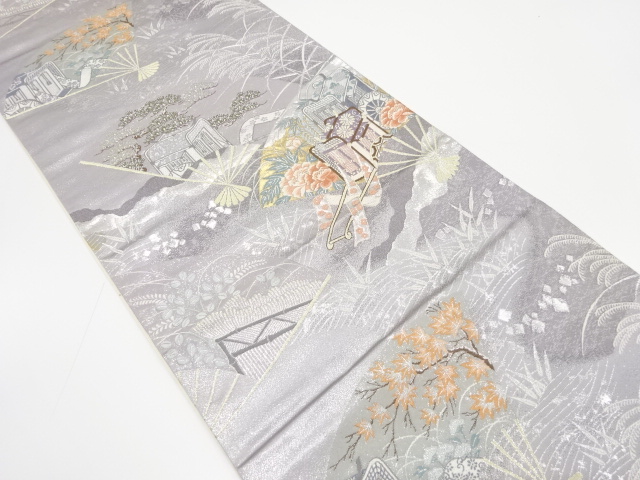 扇に御所車・草花模様織り出し　袋帯